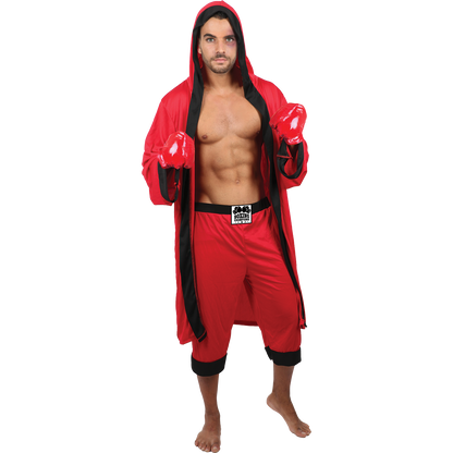 Model wearing Lola Stars men's boxer costume: red hooded cape with black trim, red boxing shorts and red gloves