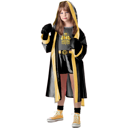 Model wearing Lola Stars girls' boxer costume: black hooded robe with gold trim, champion top, shorts and black gloves