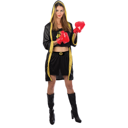 Model wearing Lola Stars women's boxer costume: black hooded cape with gold trim, black shirt and shorts, red gloves