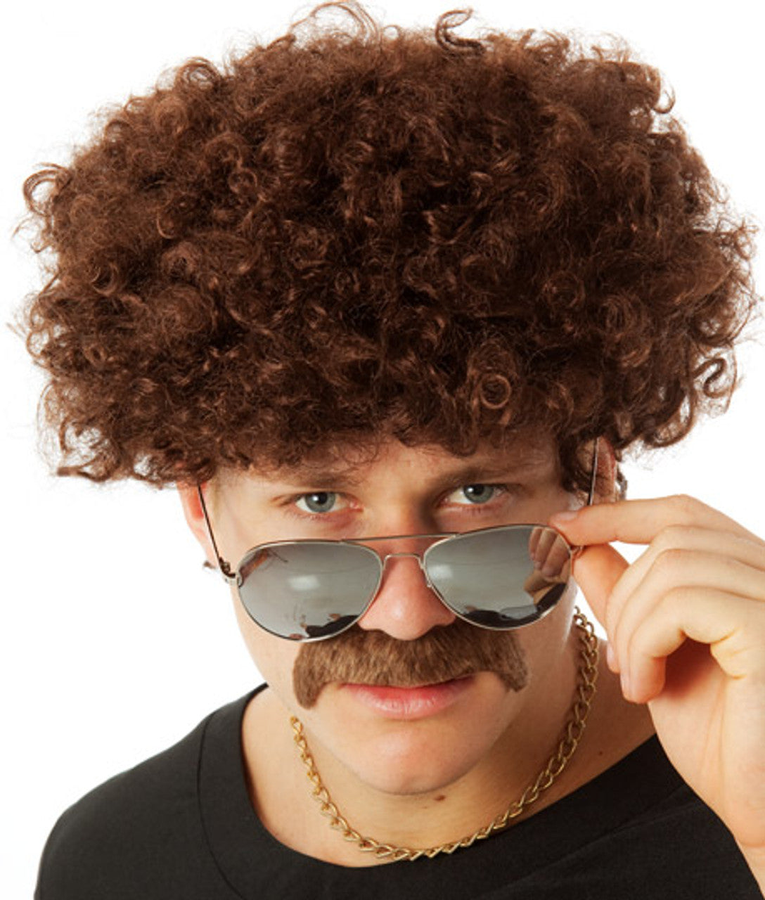 70s Brown Afro Wig & Moustache costume wig, photo 2 of 2