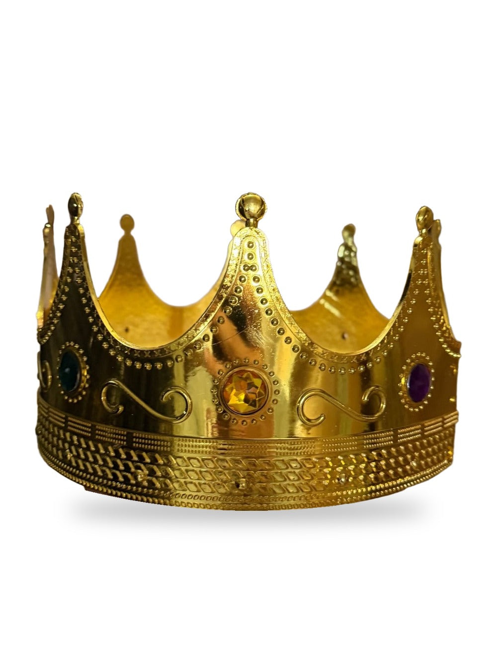 Tall gold crown with rounded points, scroll details and colored jewels