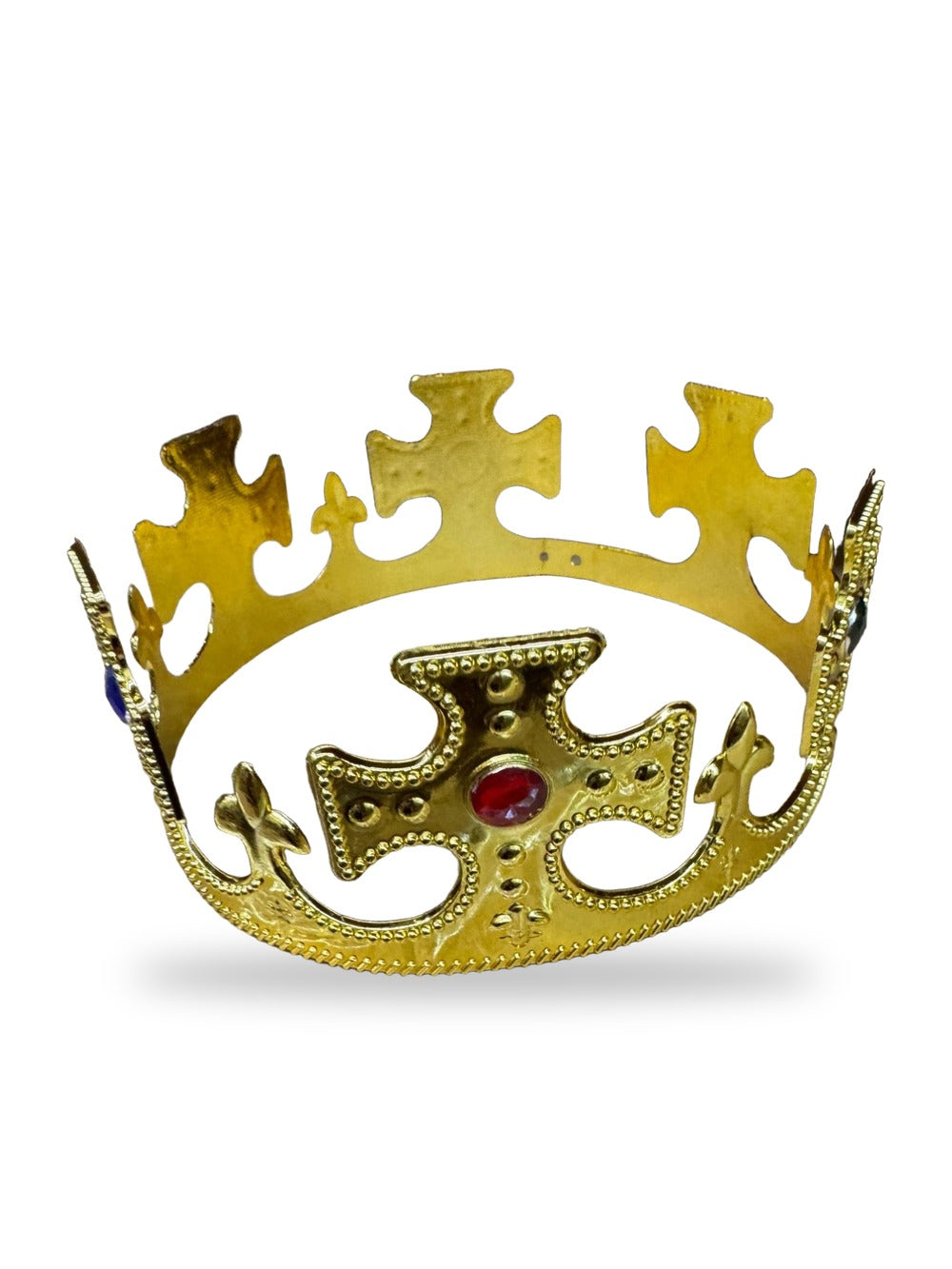 Gold king crown with cross points, fleur-de-lis and red, blue and green jewels