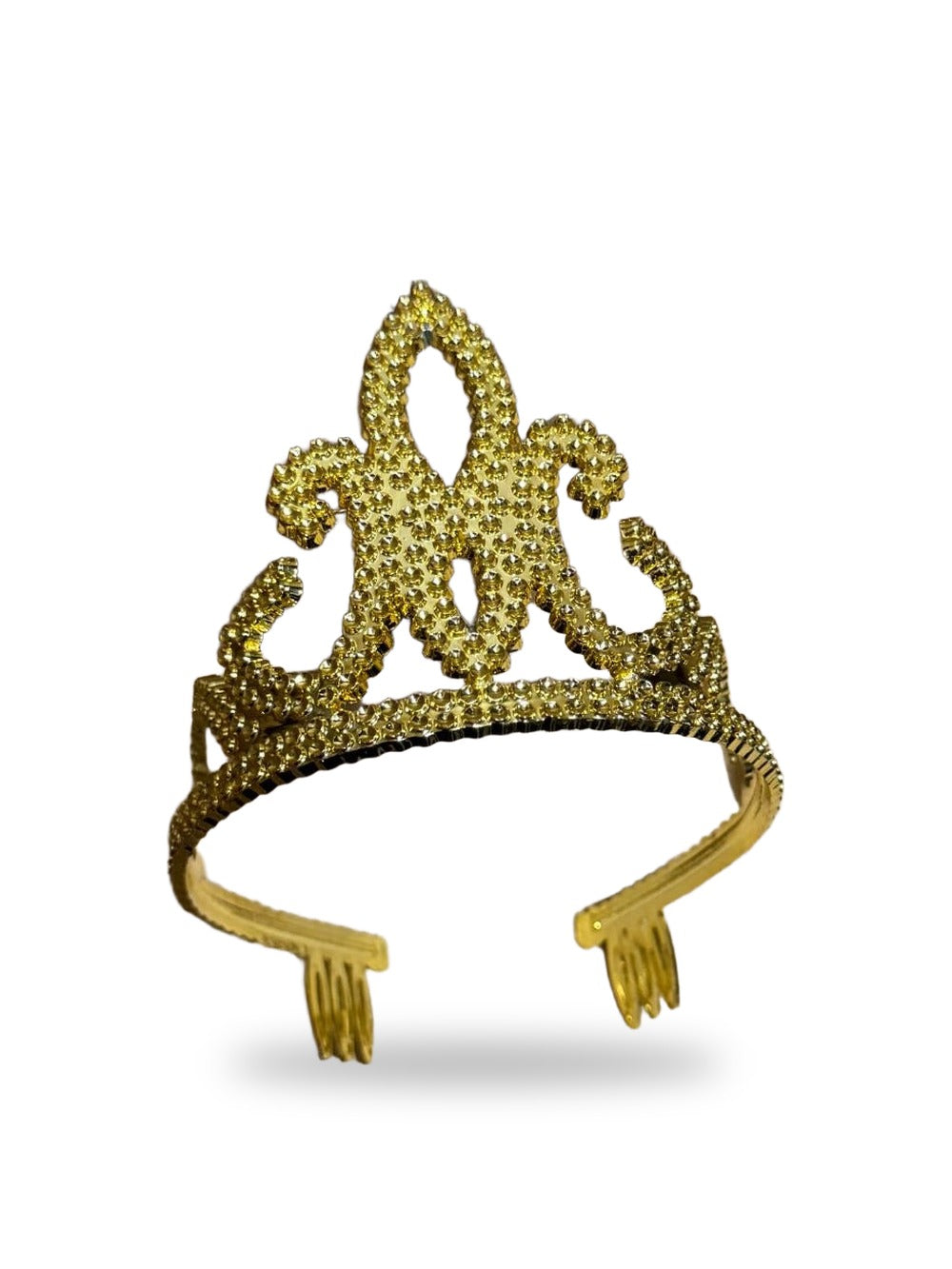 Gold queen tiara with a beaded fleur-de-lis center, scroll sides and hair combs