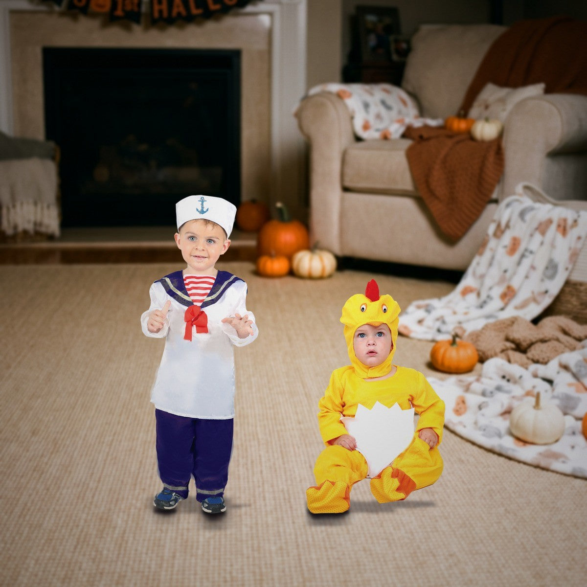 Baby and toddler in sailor and chick costumes