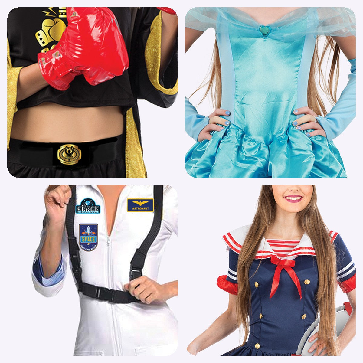 Close-up details of LOLA STARS costumes: boxer robe, princess gown, astronaut patches and sailor collar