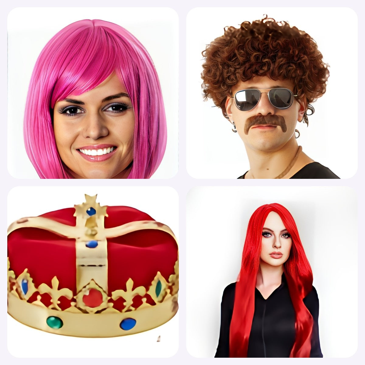 Costume wigs and a jeweled king crown