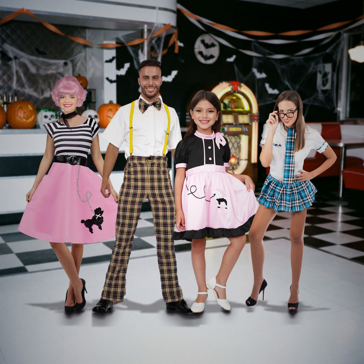 Fabulous Fifties family in LOLA STARS costumes. Each costume sold separately.