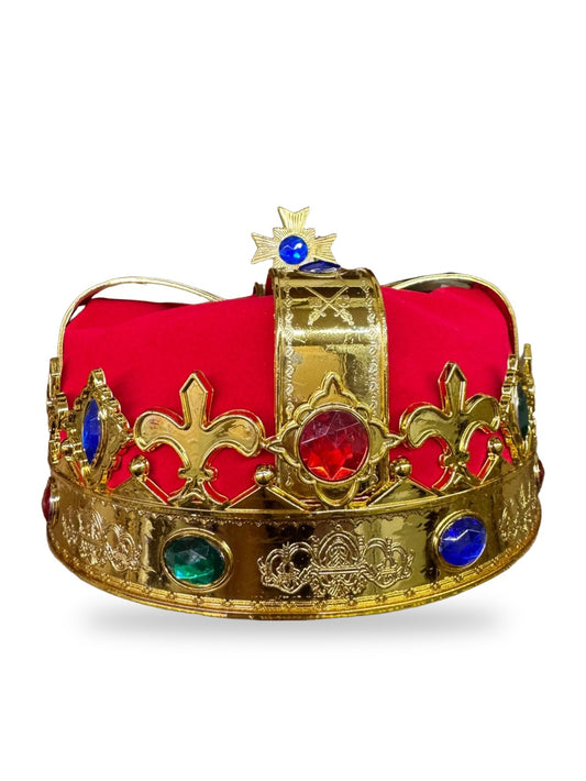 Red velvet king crown with gold arches, fleur-de-lis and red, blue and green jewels