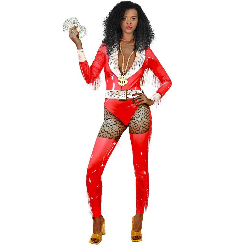 Stylish Ebony Rich Girl in Red Costume for Parties & Events