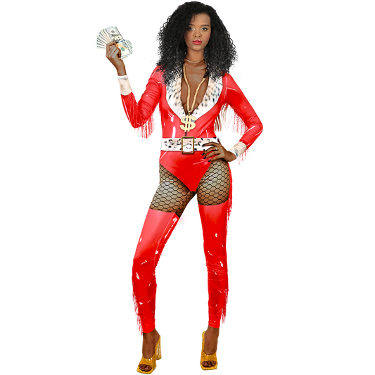 Stylish Ebony Rich Girl in Red Costume for Parties & Events